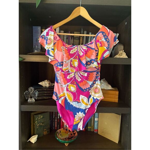 NWT Trina Turk Sevilla Ruffle Off Shoulder Pink Multicolor Swimsuit Size 6 - Picture 4 of 10